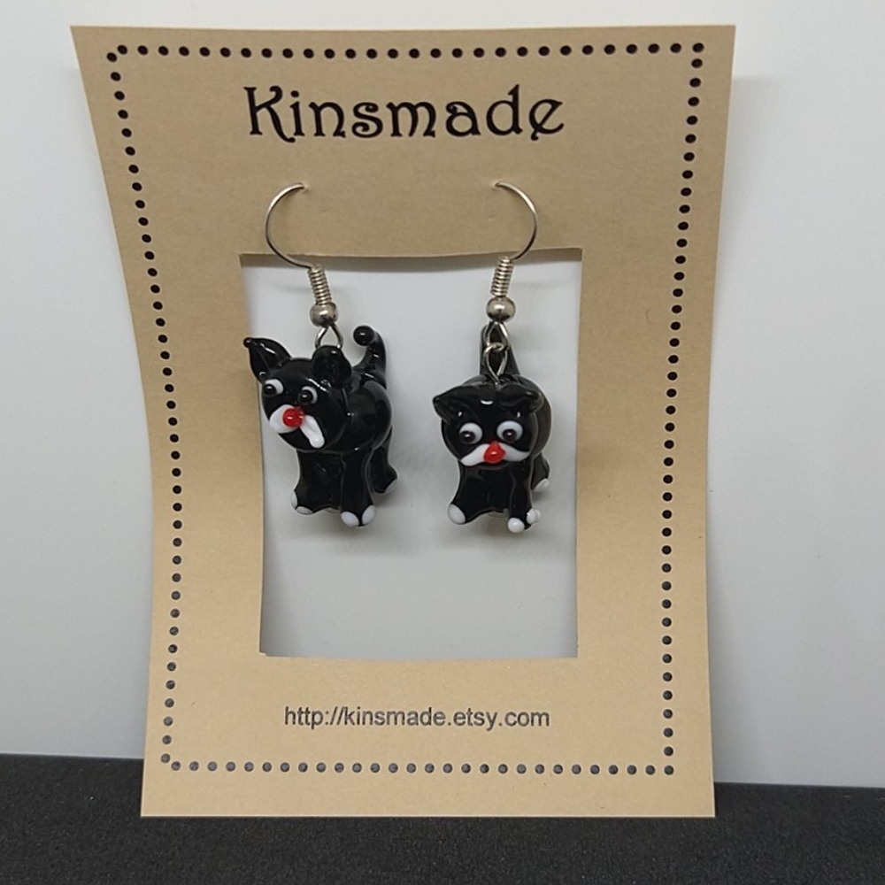 Cat lover earrings lampwork beads black kitty
